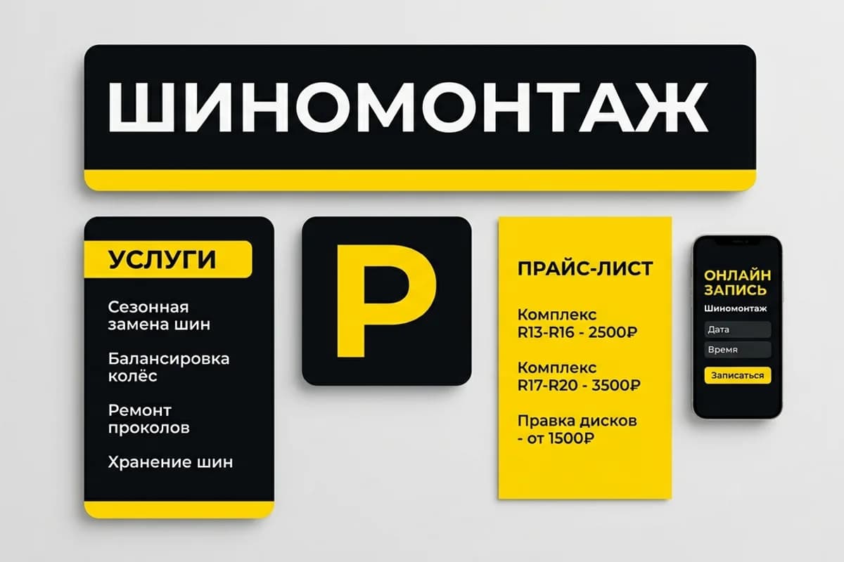 Комплект шиномонтажа: вывеска, щит услуг, указатель парковки, прайс-лист и страница онлайн-записи